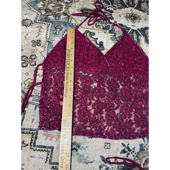 Vintage Hand Beaded y2k Open Back Tie Top Crop Pink Floral Halter Tank Medium - Picture 12 of 16